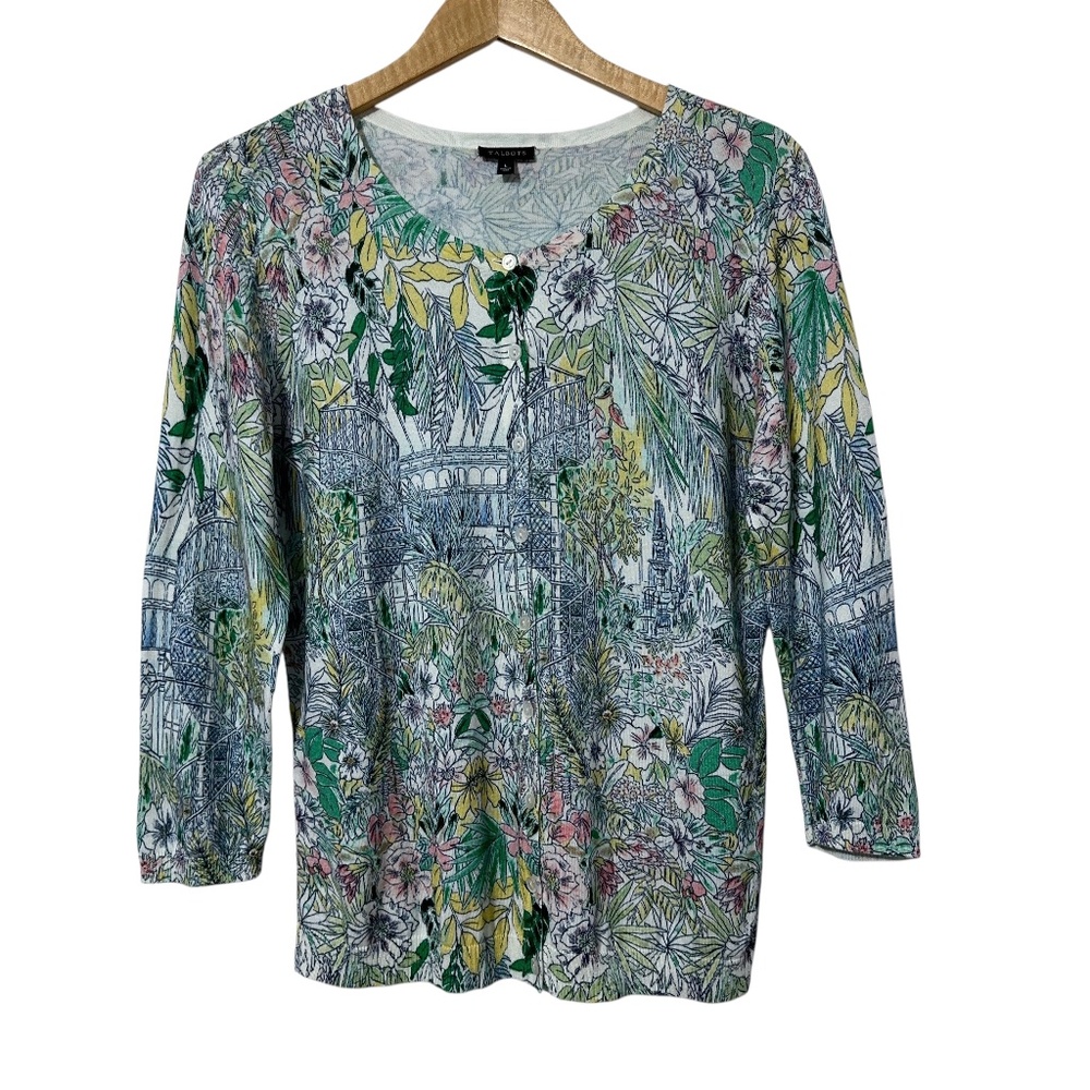 Talbots Floral Leaf Print Colorful Cardigan Sweater Womens Size L